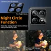A collage showing a phone camera lens protector and a comparison of night photos with and without glare. Produktbild-Vorschau