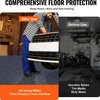 A split image showing a garage floor before and after using protective floor tiles. The left side shows a clean floor with a person working on a car, labeled 'After Use'. The right side shows a dirty garage floor with gasoline stains and tire marks, labele Voir les images du produit