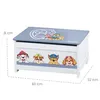 A toy chest with Paw Patrol characters printed on it, with dimensions indicated. Produktbild-Vorschau