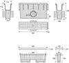 Technical drawings and dimensions of a drainage system component, likely a channel drain or gully. Produktbild-Vorschau