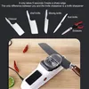 A collage of different knives and scissors being sharpened, with a close-up of a knife being sharpened on a device. Náhled obrázku produktu