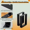 A marketing image showcasing the features of black metal table legs, with close-ups of the mounting plate, pre-drilled holes, and professional welds. Produktbild-Vorschau