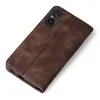 A brown flip-style phone case is shown against a white background. Produktbild-Vorschau