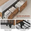 Close-up views of a bed frame with drawers, highlighting storage and mobility features. Produktbild-Vorschau