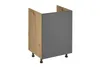A kitchen cabinet base unit with a wood-effect side and a gray front, standing on four black legs. Produktbild-Vorschau