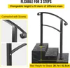 A black metal handrail is shown installed on a set of marble-like stairs. The image also includes close-up shots of the handrail's connection points and a diagram indicating the maximum height for steps. Podgląd zdjęcia produktu