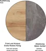 A circular image split in half, showing two different finishes: one wood grain and one dark concrete texture. Text below describes the finishes. Produktbild-Vorschau