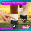 Close-up of a child's hand pointing to the wheel of a toy horse, with marketing text overlays. Produktbild-Vorschau
