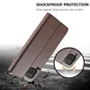 A brown flip case for a Samsung Galaxy A22 4G phone is shown, with text highlighting its shockproof protection. Produktbild-Vorschau