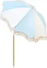 A light blue and white striped beach umbrella with fringe detail and a wooden pole, isolated on a white background. Produktbild-Vorschau
