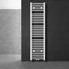 A white towel radiator is mounted on a black tiled wall, with a gray tiled wall and floor in the background. Náhled obrázku produktu