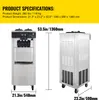 Product specifications and dimensions for a soft-serve ice cream machine. Náhľad obrázku produktu