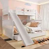 A white bunk bed with a slide and drawers in a child's bedroom with pink walls and a cloud mural. Produktbild-Vorschau