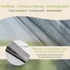 Close-up of fine-meshed net material with text overlays describing its features. Produktbild-Vorschau