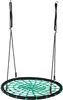 A round net swing with black ropes hanging from two points. Voir les images du produit