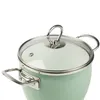 A close-up shot of a green pot with a glass lid and silver handles, isolated on a white background. Produktbild-Vorschau