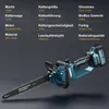 A product image of a cordless chainsaw with technical specifications listed above it. Podgląd zdjęcia produktu