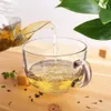 Tea being poured from a glass teapot into a glass mug on a wooden surface, with green leaves and sugar cubes in the background. Voir les images du produit