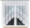 A white lace curtain with a scalloped bottom edge is shown hanging in front of a window. Produktbild-Vorschau