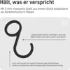 A black metal hook is shown with descriptive text highlighting its features and benefits. Produktbild-Vorschau