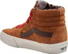 A side view of a brown Vans Sk8-Hi sneaker with red laces. Voir les images du produit