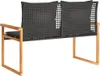 A back view of a two-seater garden bench with black poly rattan backrest and seat cushions, supported by a wooden frame. Náhľad obrázku produktu