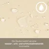 Close-up of water droplets on a light-colored surface, with a circular icon containing a water drop in the upper right corner. Text is present at the bottom. Produktbild-Vorschau