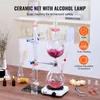 A laboratory distillation setup with glass equipment on a wooden table, with decorative elements and text overlays highlighting product features. Produktbild-Vorschau