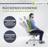 A man sitting in an ergonomic office chair, with graphics highlighting the chair's features. Podgląd zdjęcia produktu