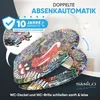 A close-up of a graffiti-designed toilet seat and lid, with promotional text and warranty information. Náhled obrázku produktu