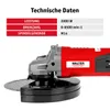 A red and gray angle grinder is shown from a side-diagonal view, with a table of technical specifications above it. Produktbild-Vorschau