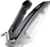 A black Braun CareStyle 5 steam iron is shown on its stand, with steam emitting from the soleplate. Náhled obrázku produktu