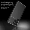 A black smartphone case with a carbon fiber texture is shown at an angle against a black background. Text describing the product's shock absorption is on the left. Produktbild-Vorschau