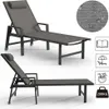 Two views of a gray aluminum sun lounger with a headrest, shown on a white and light gray background. Icons indicating features are present on the right side. Náhled obrázku produktu
