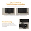 The image shows different connection methods for a black radiator, with text explaining the thread size and a note about mounting direction. Produktbild-Vorschau