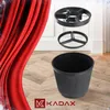 A collage of a Christmas tree stand and its components, with a red curtain on the left and a wooden floor in the background. Voir les images du produit
