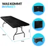 A black folding table with dimensions indicated, and circular insets showing the table folded and a table cover. Produktbild-Vorschau