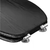 A close-up, angled view of a black wooden toilet seat with silver hinges against a white background. Produktbild-Vorschau