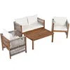 A set of outdoor furniture including a sofa, two chairs, and a coffee table, arranged on a white background. Produktbild-Vorschau