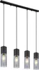 A four-light pendant chandelier with black metal accents and clear glass shades, photographed against a white background. Produktbild-Vorschau