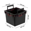 A black square planter insert with handles, shown with dimensions indicated by lines and text. Voir les images du produit