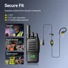 Image shows a walkie-talkie with an earpiece, and three inset images demonstrating its use in different scenarios (concert, music festival, sports event). Text highlights features like PTT, connector type, and earhook comfort. Voir les images du produit