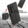 A black book-style phone case is shown in a dynamic, 'drop-tested' scene with debris flying around it. Produktbild-Vorschau