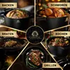 A collage of images showcasing different cooking methods with cast iron cookware, including baking bread, roasting chicken, searing meat, braising, and grilling. Produktbild-Vorschau