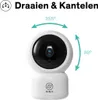 A white security camera with arrows indicating its rotation and tilt range, along with text describing its features. Produktbild-Vorschau