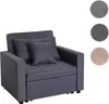 A dark gray sofa bed with two pillows is shown against a white background. Three circular swatches of fabric in different colors and textures are displayed to the right of the sofa. Produktbild-Vorschau