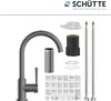 A collection of kitchen faucet parts and instructions laid out on a white background. Produktbild-Vorschau