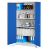 An open, blue metal storage cabinet filled with laboratory supplies. Podgląd zdjęcia produktu