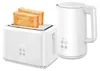 A white toaster with two slices of toast and a white electric kettle are displayed together on a white background. Produktbild-Vorschau