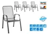 A set of four grey metal stackable chairs, with a large chair in the foreground and three smaller chairs in the background. Several logos and certifications are displayed on the right side of the image. Produktbild-Vorschau